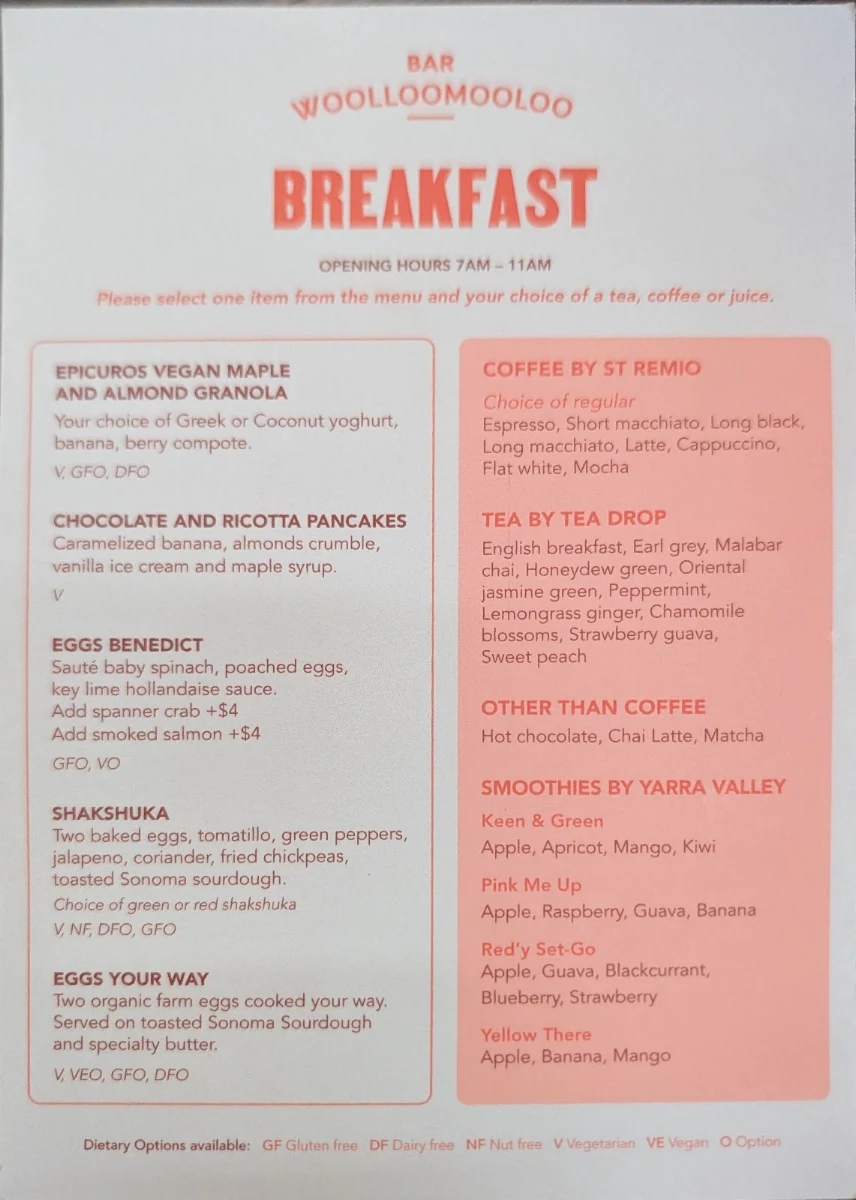 Menu, Bar Woolloomooloo