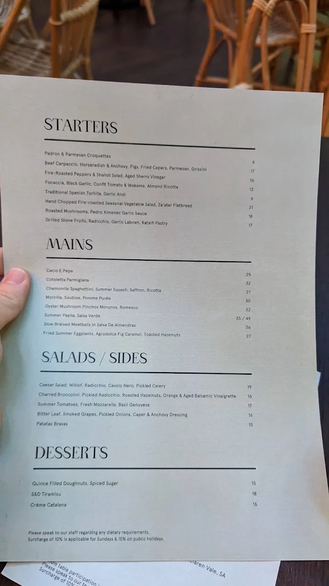 Menu, Bar Woolloomooloo