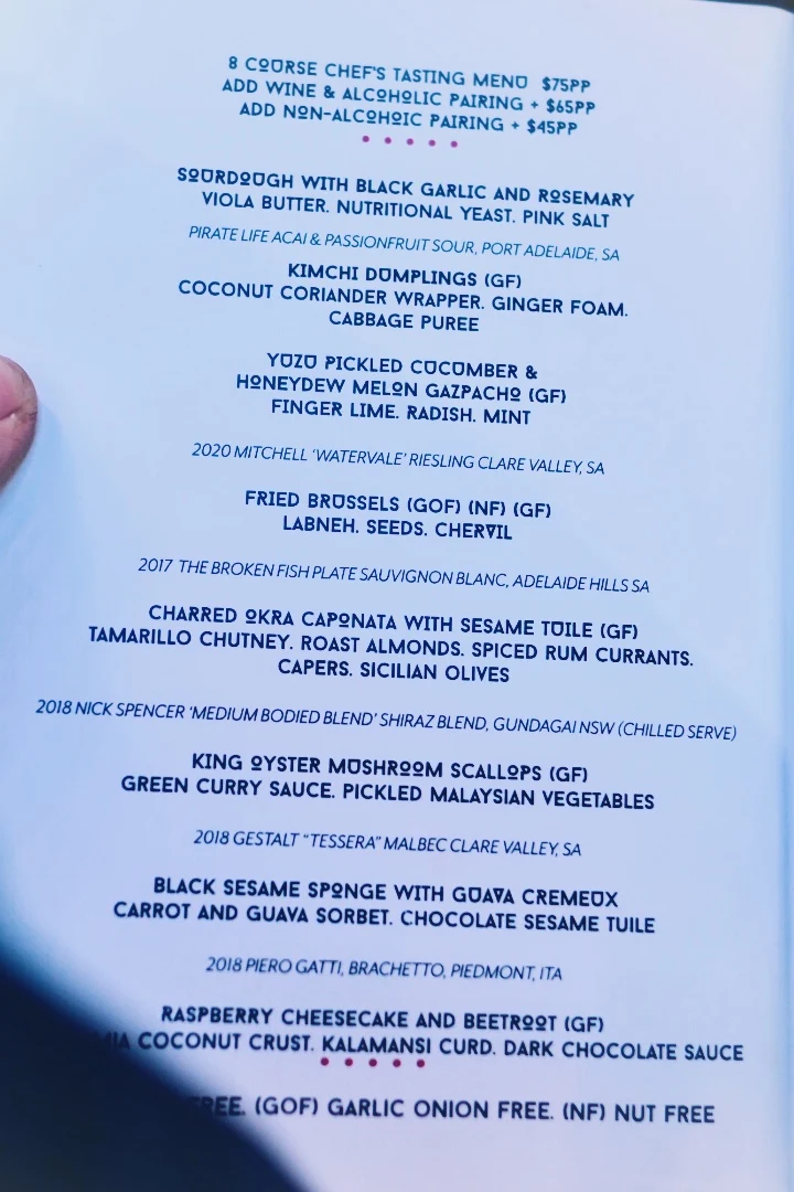 Menu, Bar Woolloomooloo