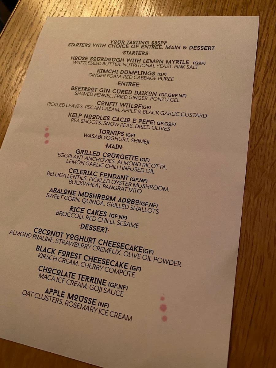 Menu, Bar Woolloomooloo
