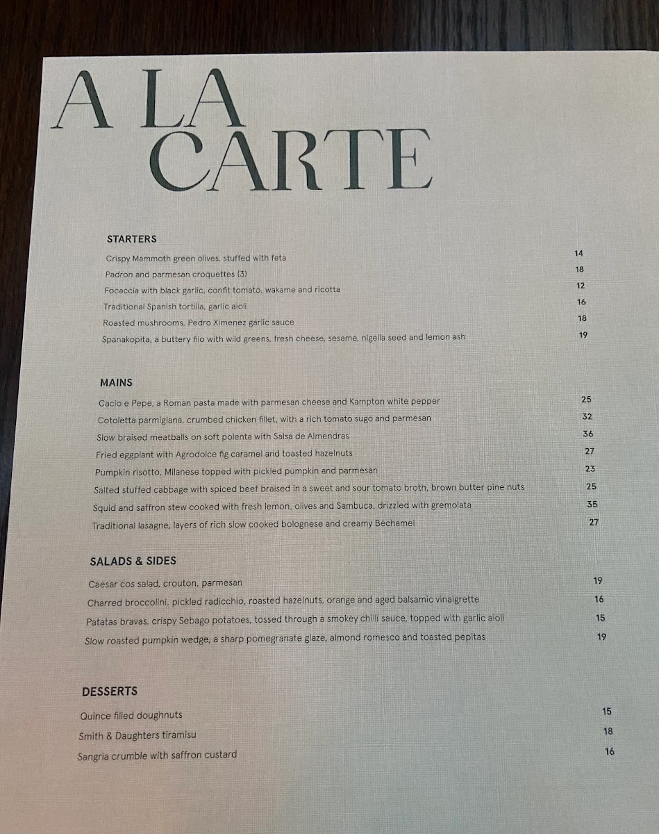Menu, Bar Woolloomooloo