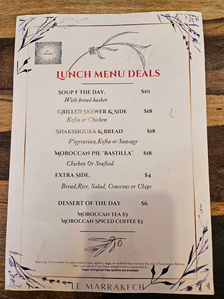 Menu, Le Marrakech Restaurant