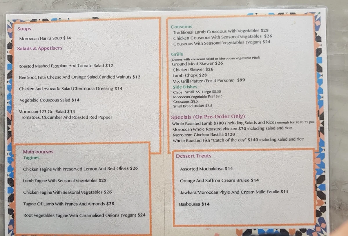 Menu, Le Marrakech Restaurant