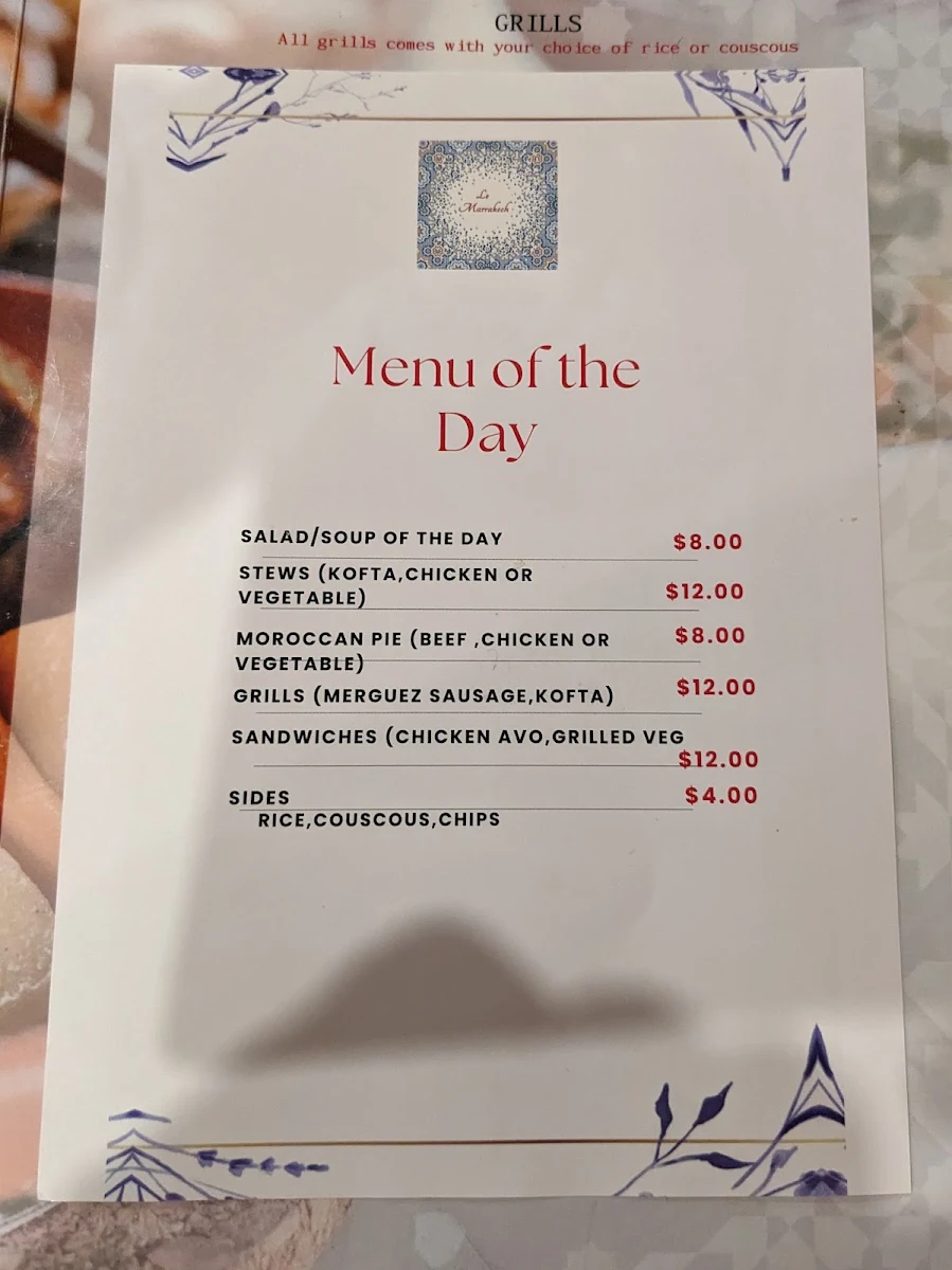 Menu, Le Marrakech Restaurant
