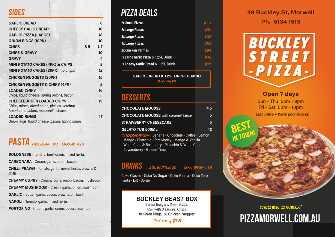 Menu, Buckley Street Pizza and Burgers