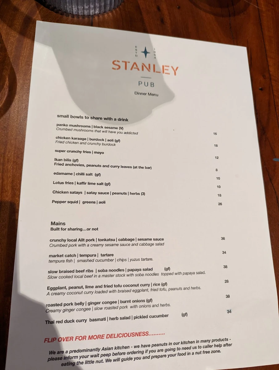 Menu, The Stanley Pub