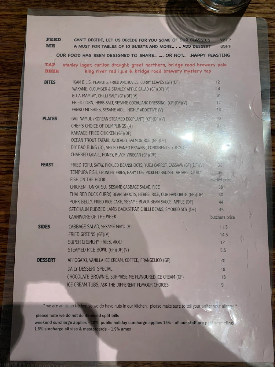 Menu, The Stanley Pub
