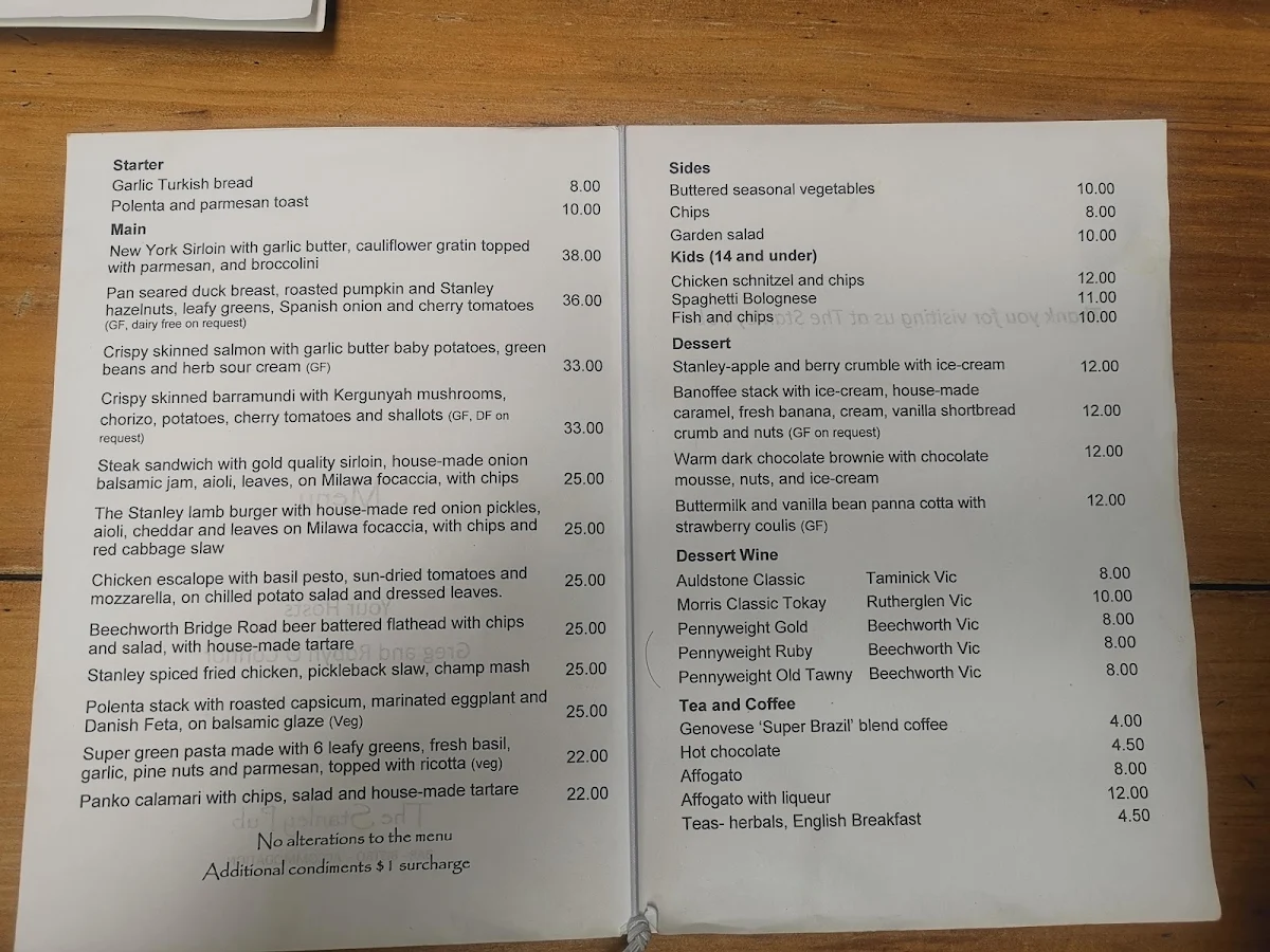 Menu, The Stanley Pub