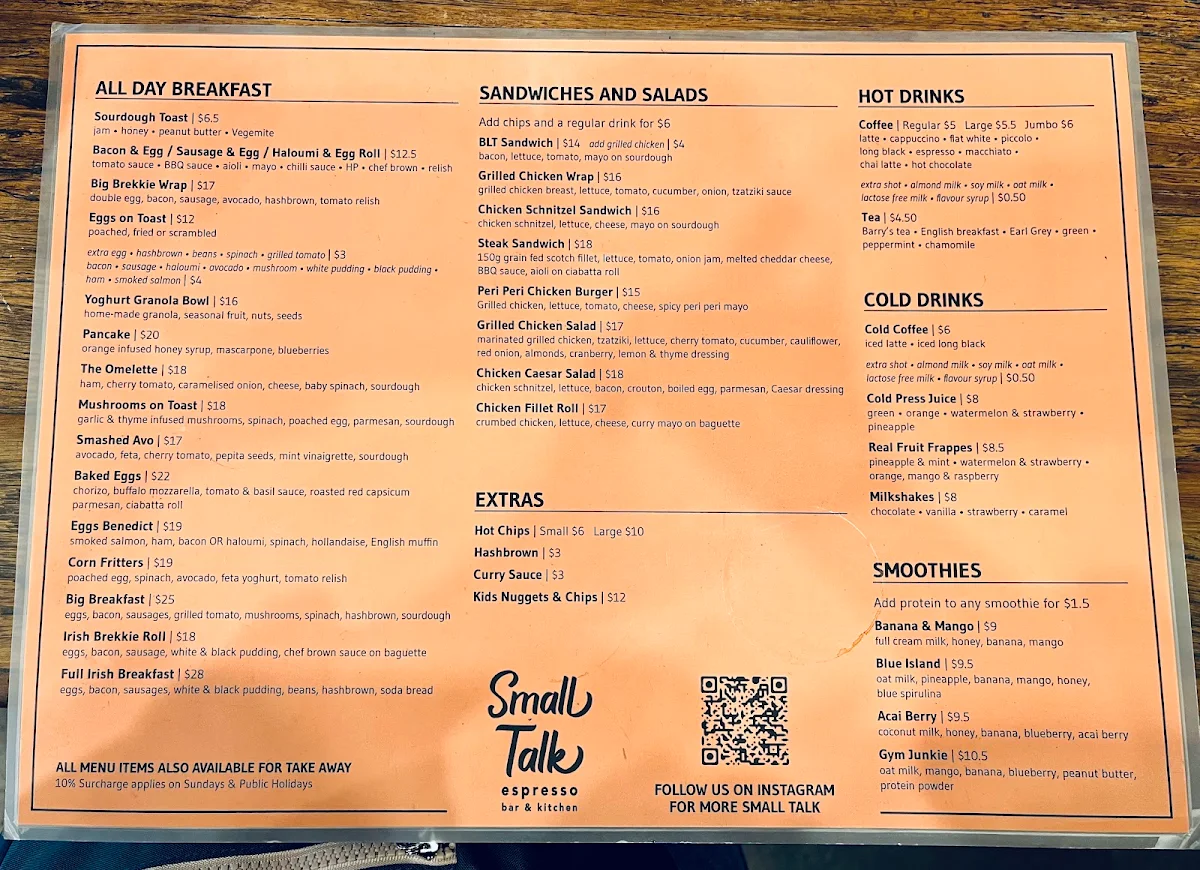 Menu, Small Talk Espresso Bar & Kitchen Waterloo
