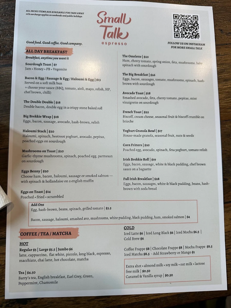 Menu, Small Talk Espresso Bar & Kitchen Waterloo