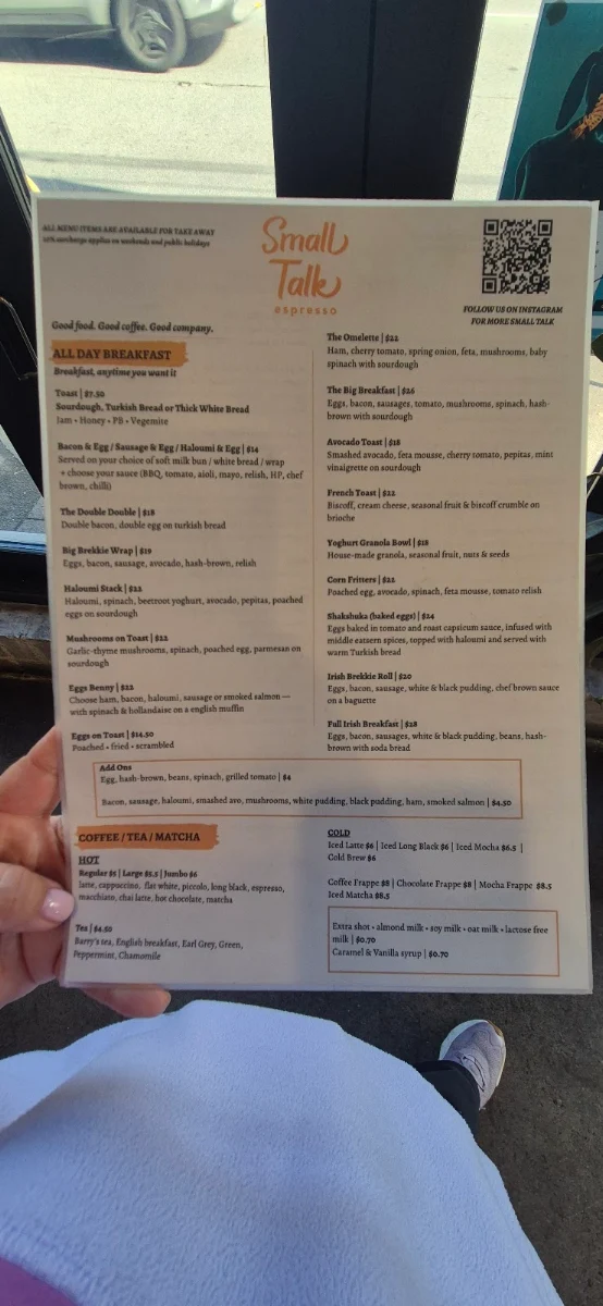 Menu, Small Talk Espresso Bar & Kitchen Waterloo