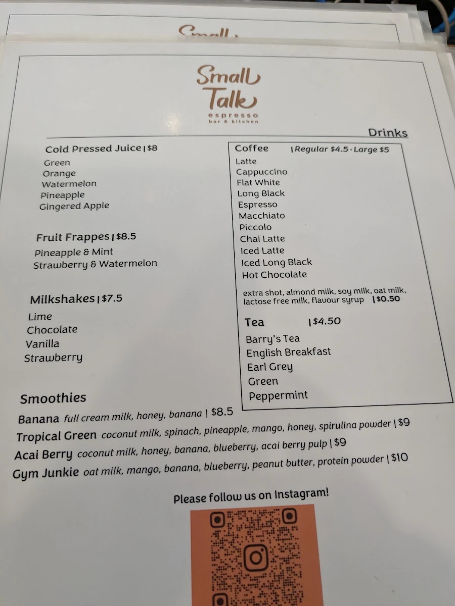 Menu, Small Talk Espresso Bar & Kitchen Waterloo