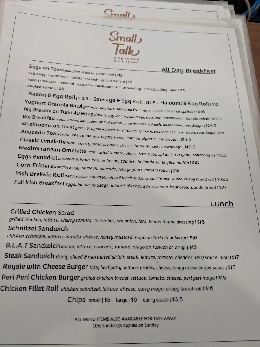 Menu, Small Talk Espresso Bar & Kitchen Waterloo