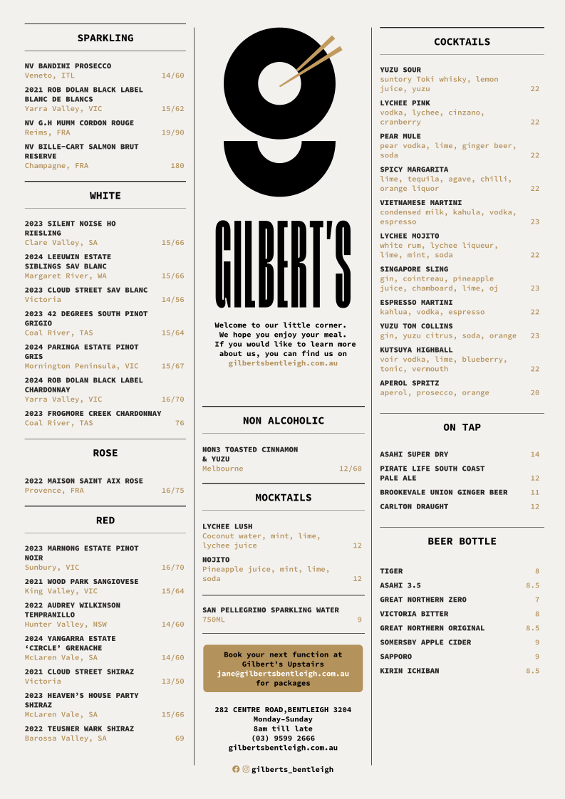 Menu, Gilbert's Bentleigh
