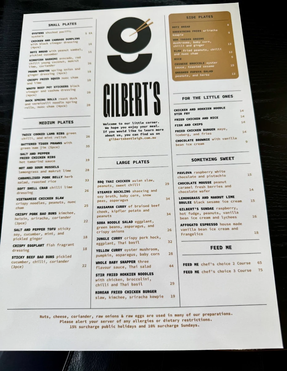 Menu, Gilbert's Bentleigh