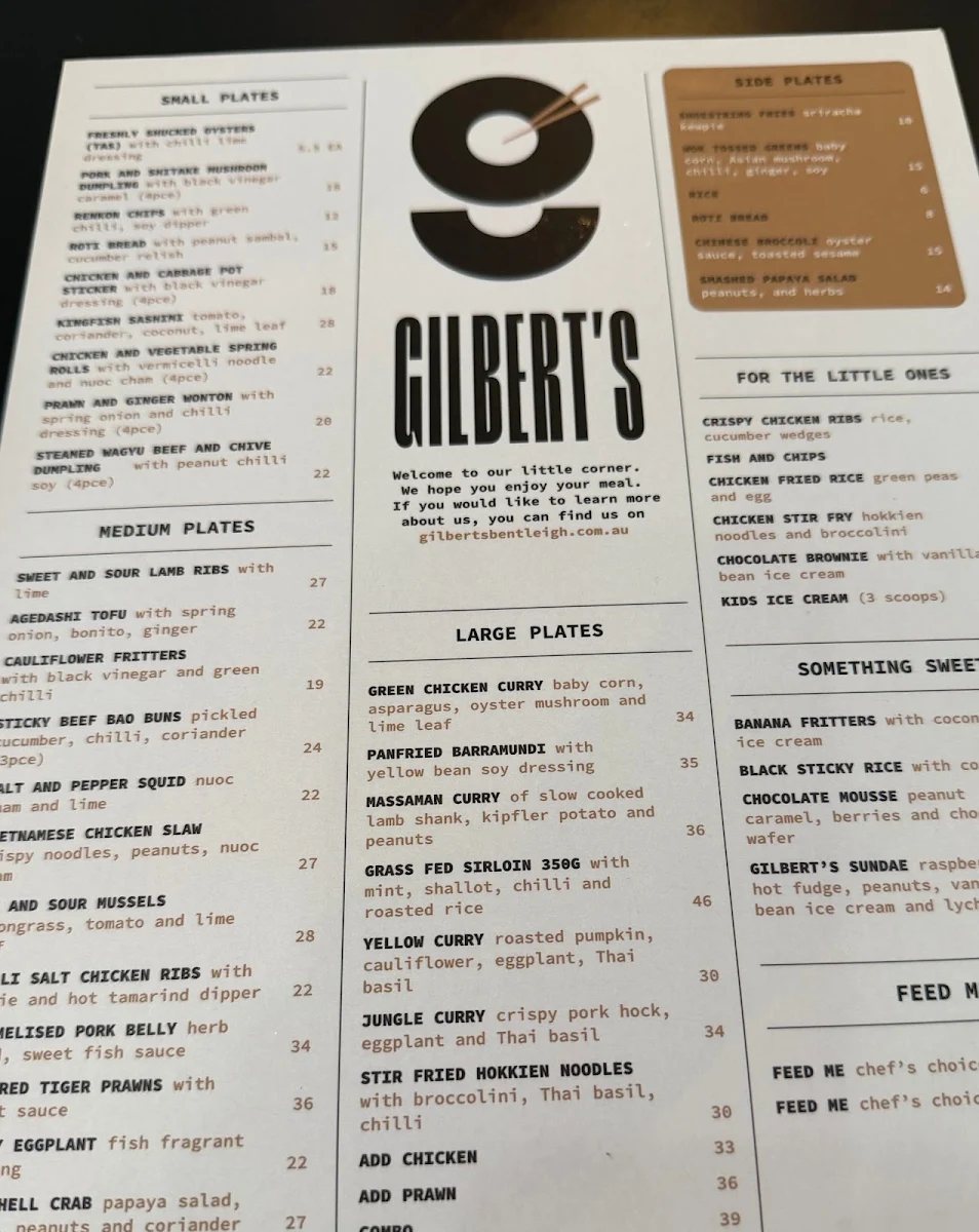 Menu, Gilbert's Bentleigh