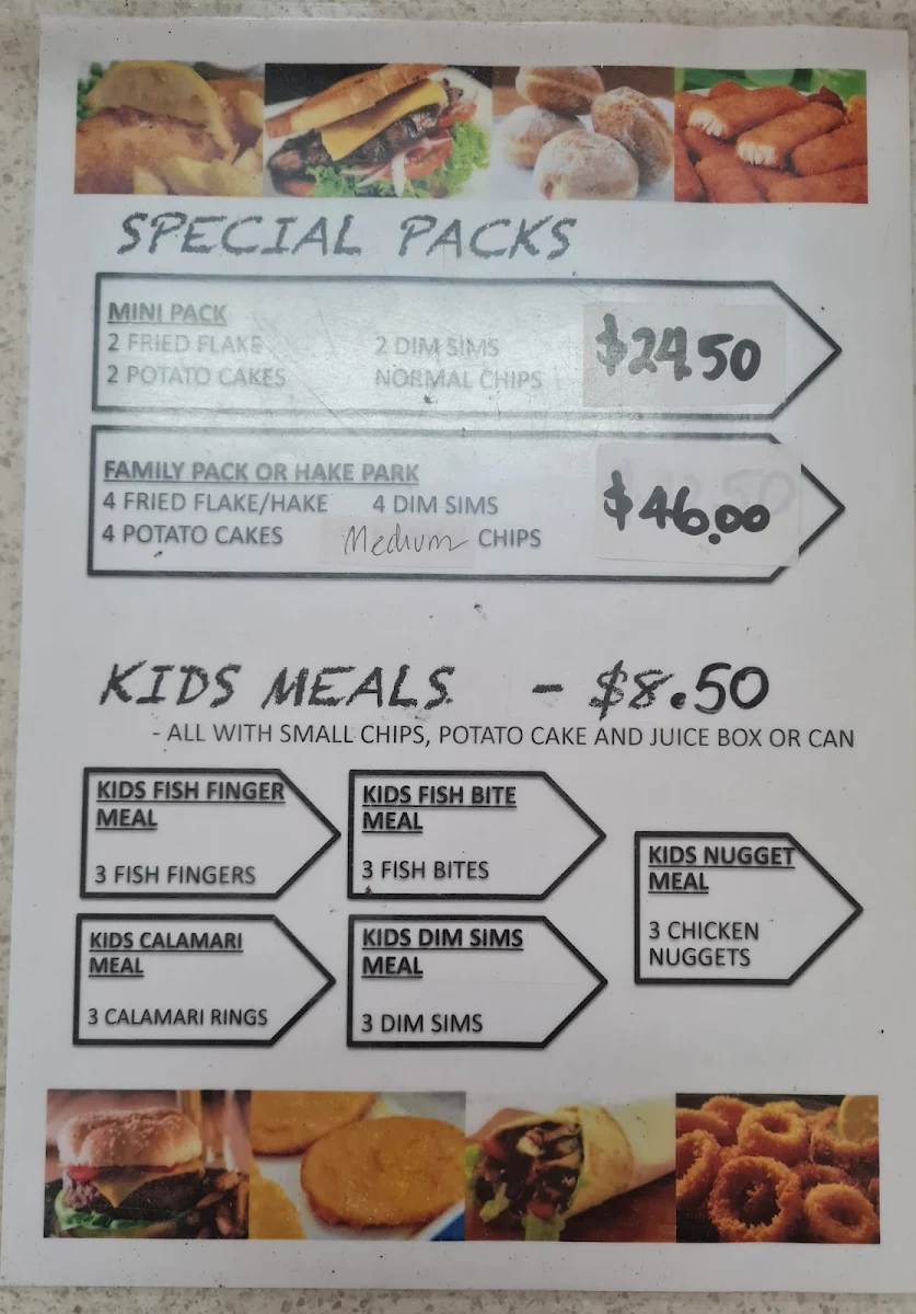 Menu, Lakeside fish & chips