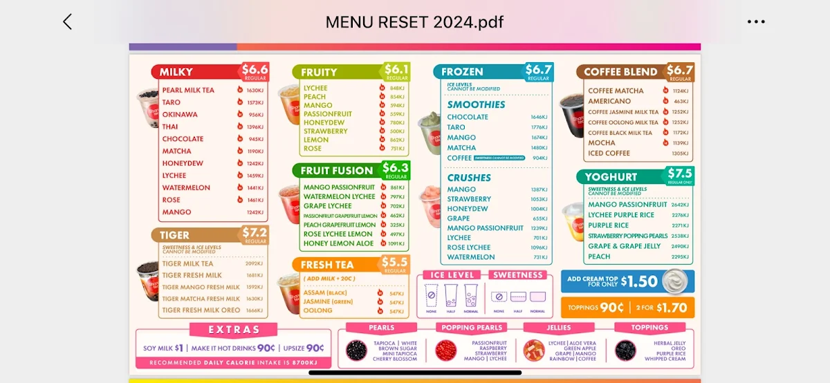 Menu, Sharetea Monash University