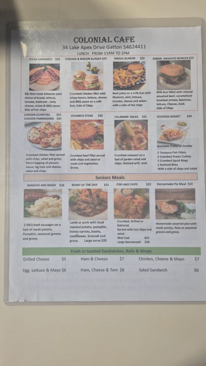 Menu, Colonial cafe