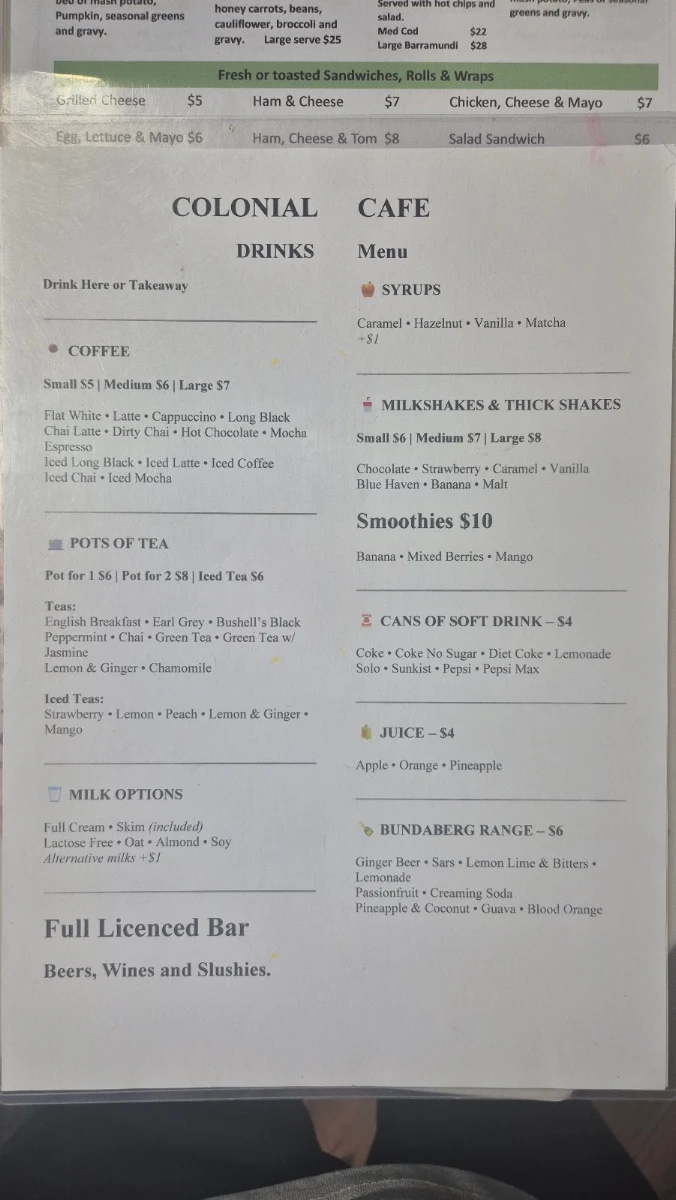 Menu, Colonial cafe