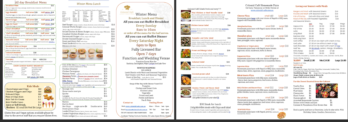 Menu, Colonial cafe