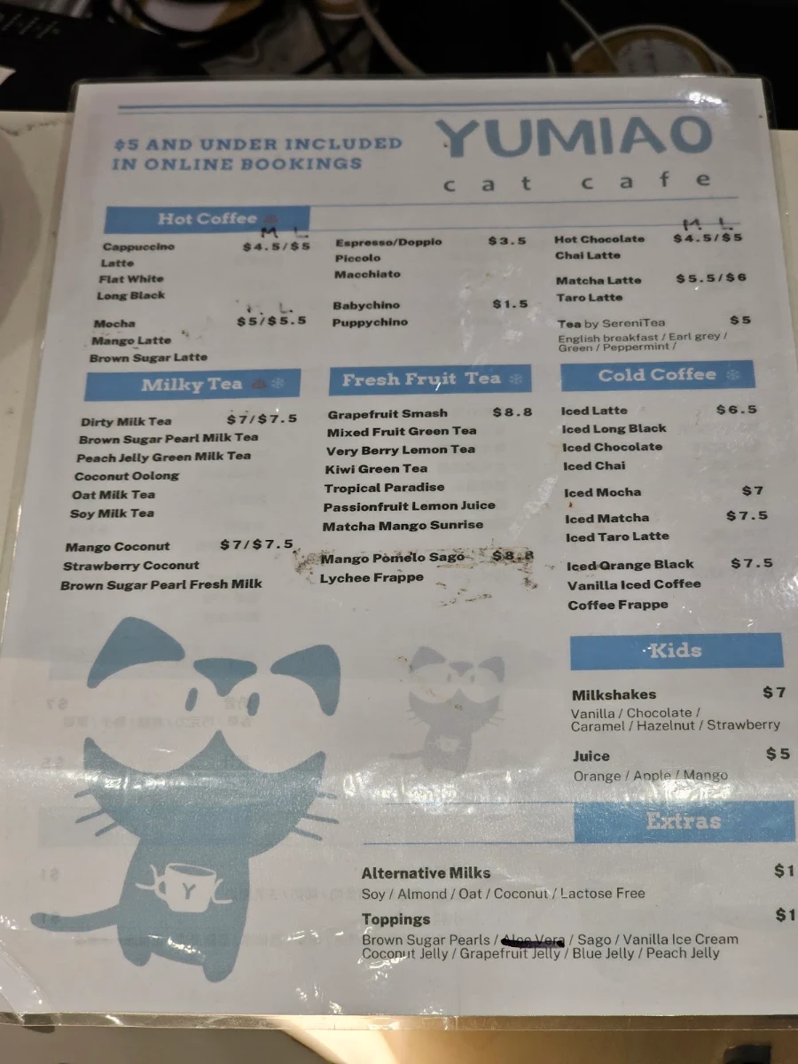 Menu, YUMIAO cat cafe