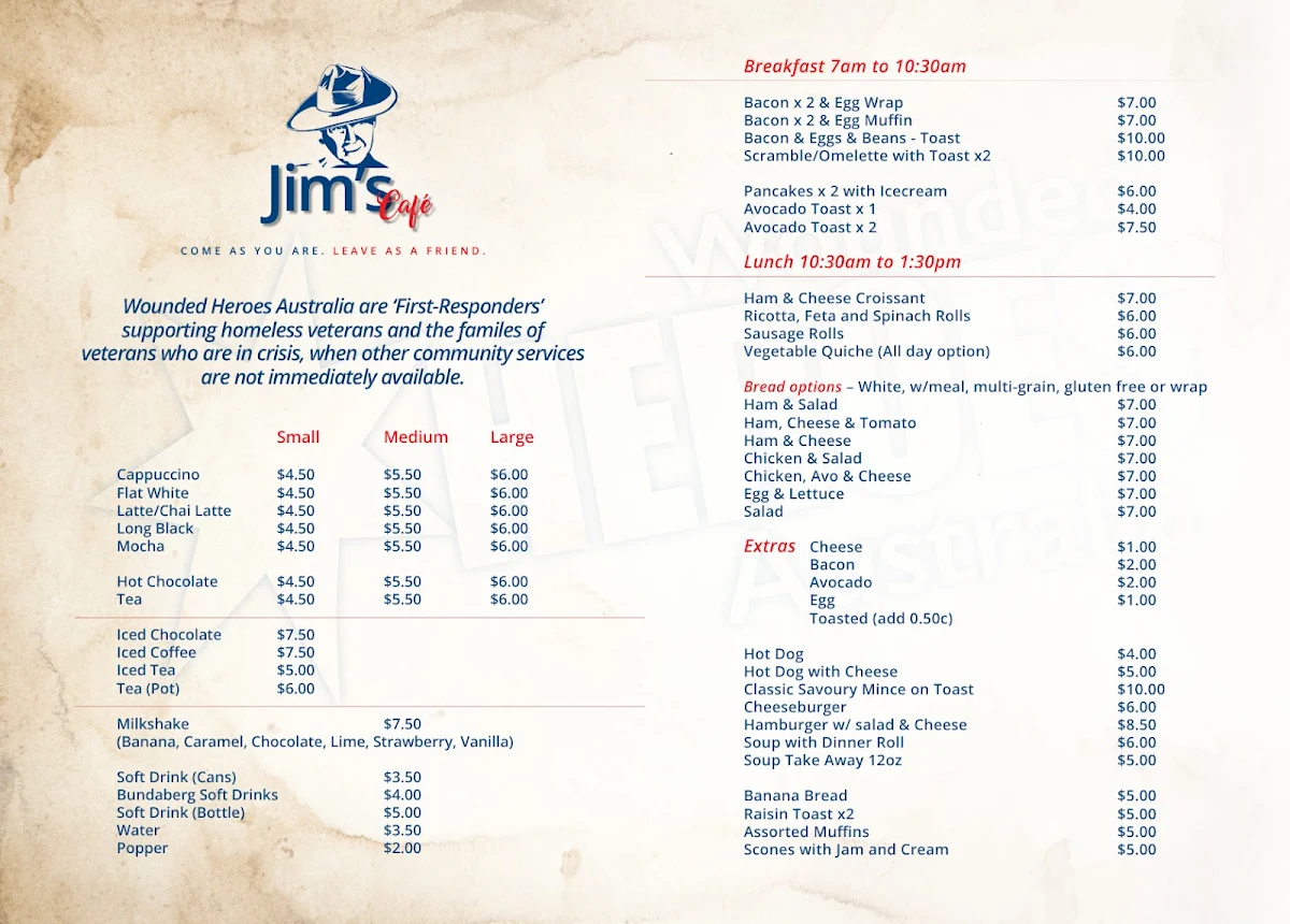 Menu, Jim's Cafe Ipswich