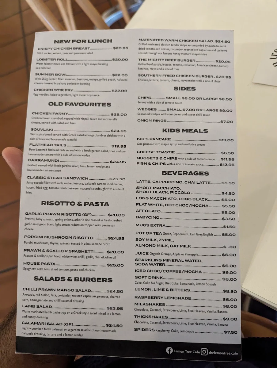 Menu, Lemon Tree Cafe