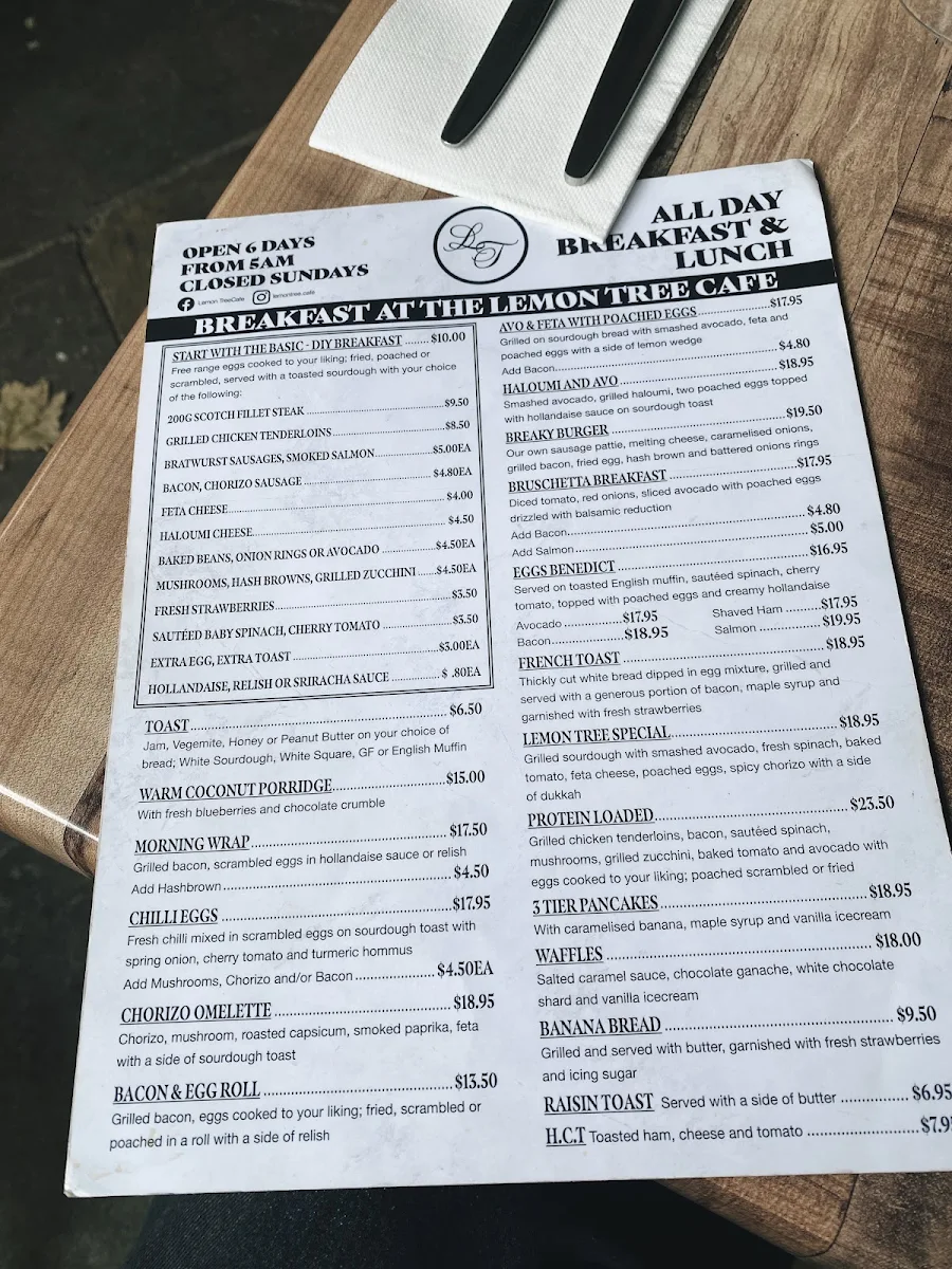 Menu, Lemon Tree Cafe