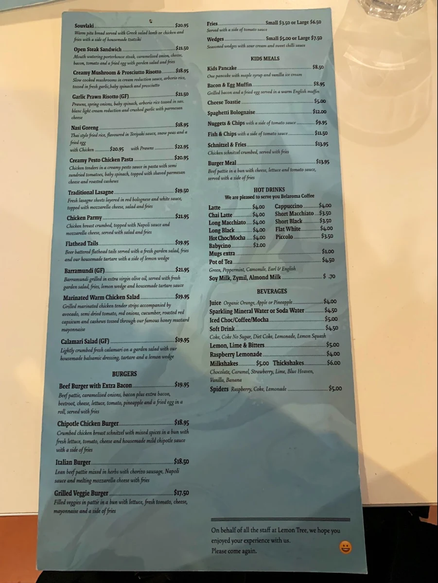 Menu, Lemon Tree Cafe