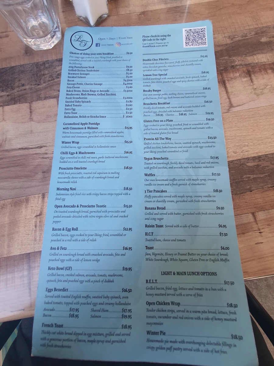 Menu, Lemon Tree Cafe