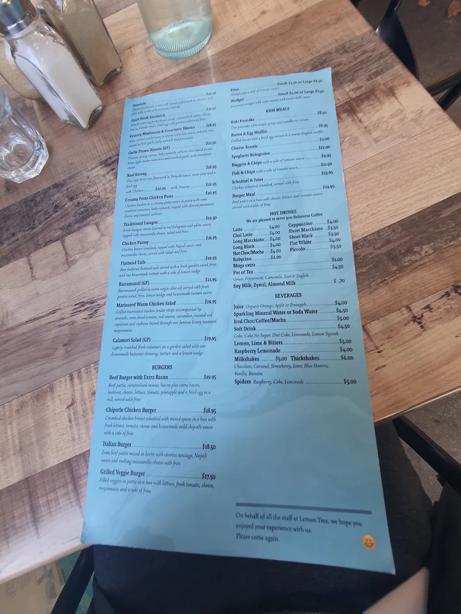 Menu, Lemon Tree Cafe