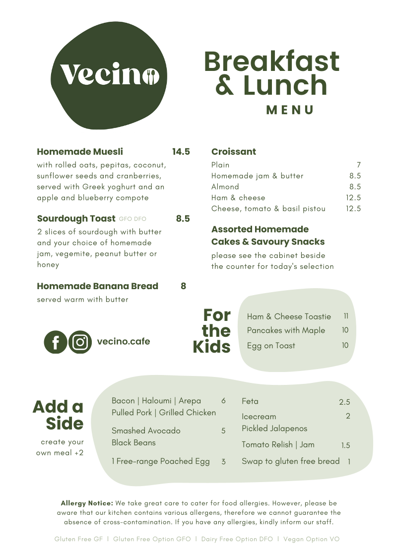 Menu, Vecino Cafe