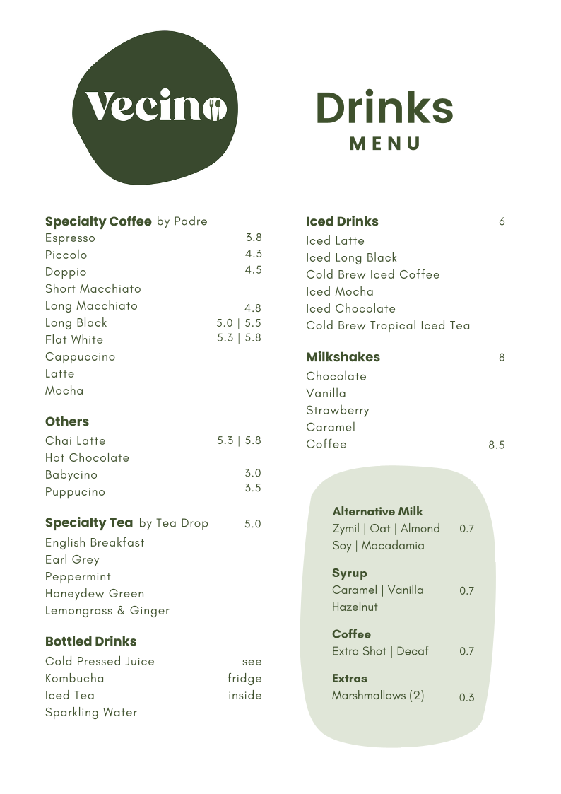 Menu, Vecino Cafe