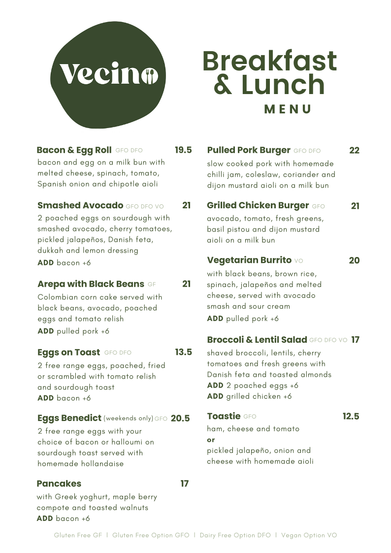 Menu, Vecino Cafe