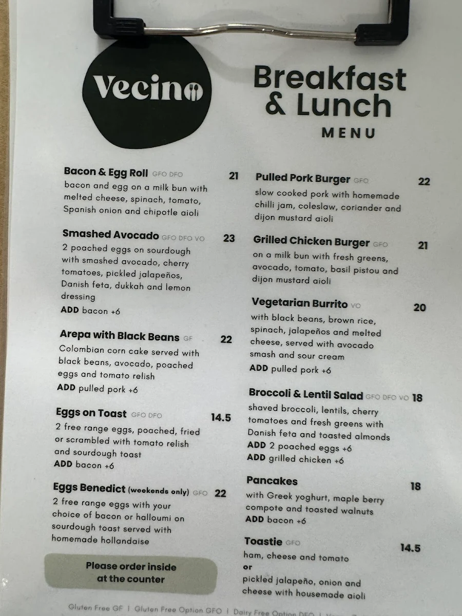 Menu, Vecino Cafe