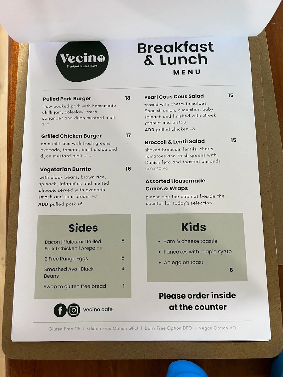 Menu, Vecino Cafe