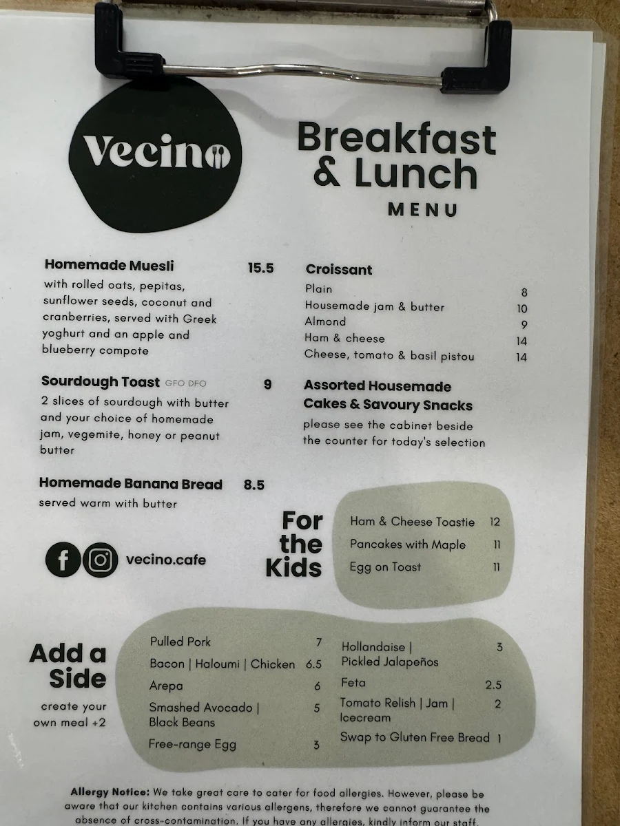 Menu, Vecino Cafe