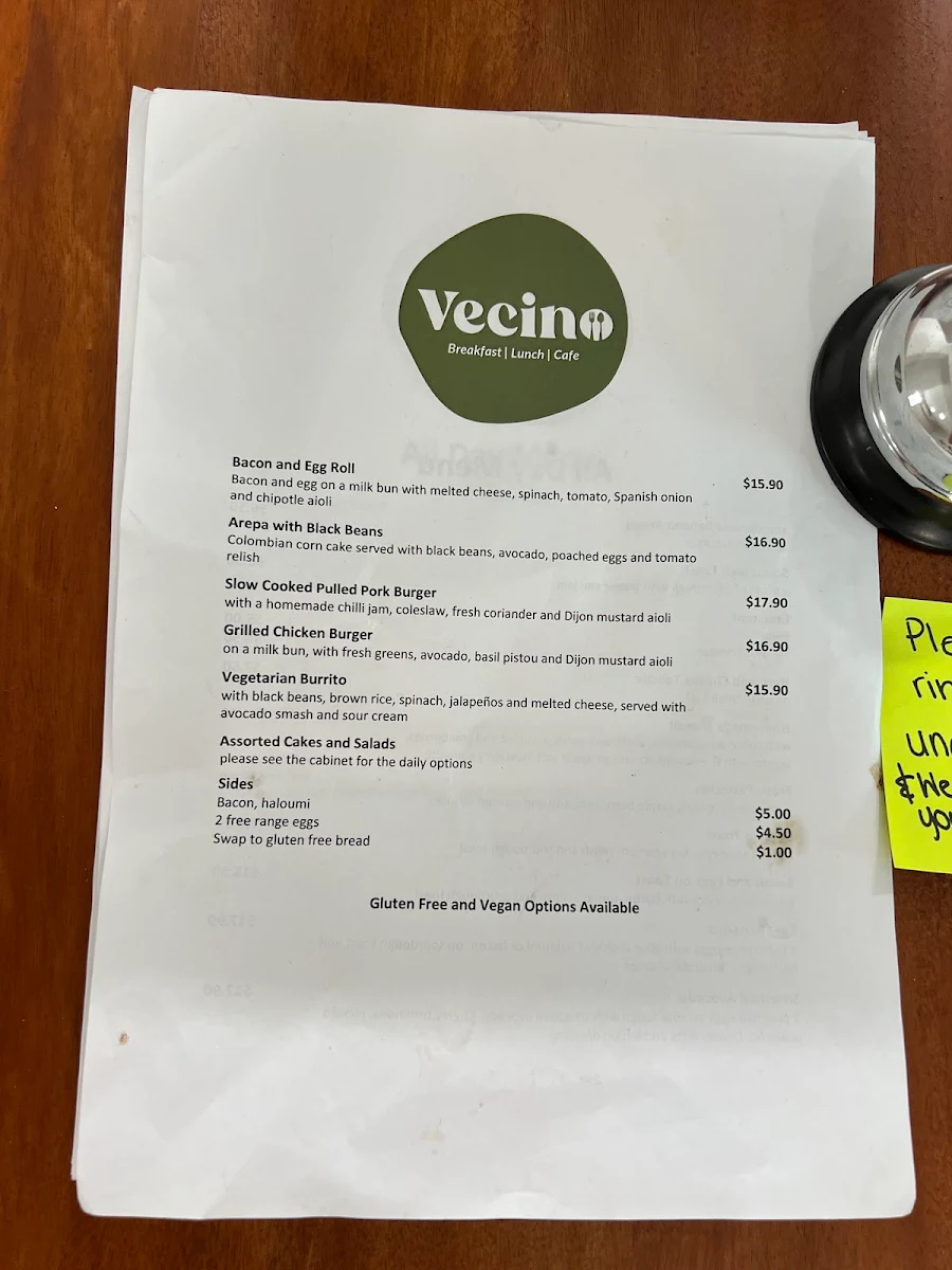 Menu, Vecino Cafe