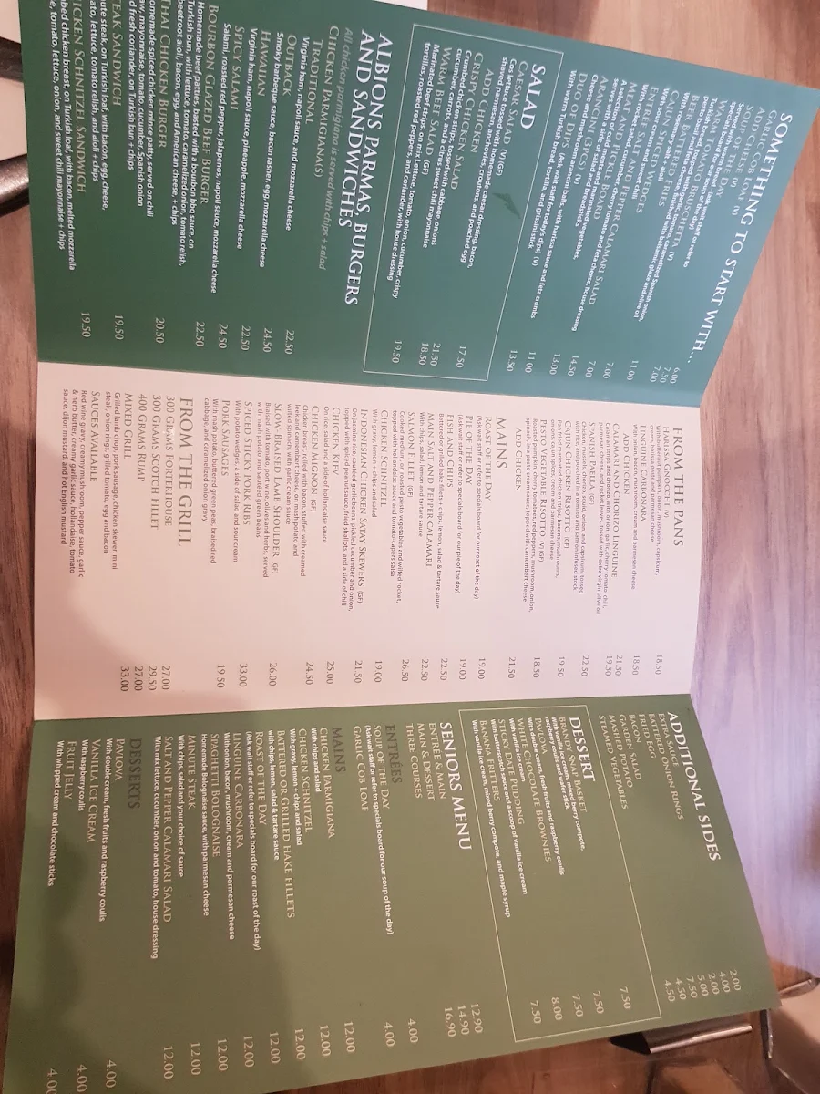 Menu, Albion Hotel Dandenong