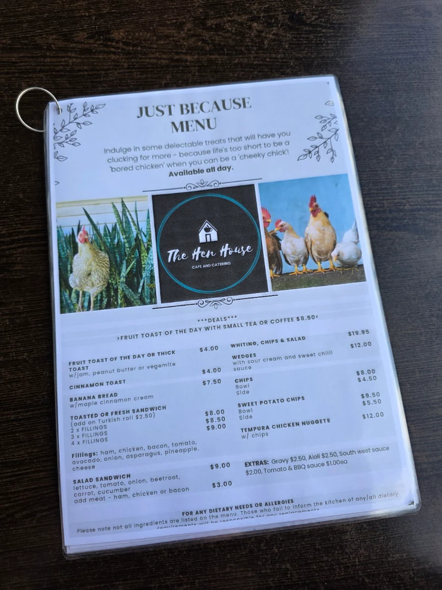 Menu, The Hen House Cafe and Catering
