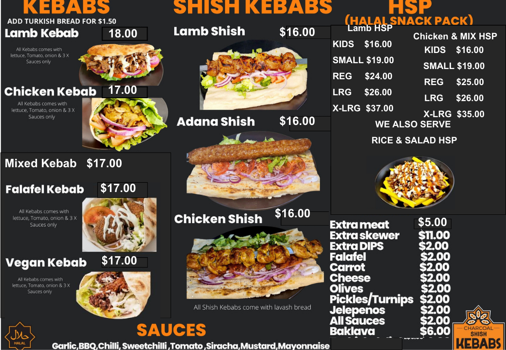 Menu, Charcoal Shish Kebabs