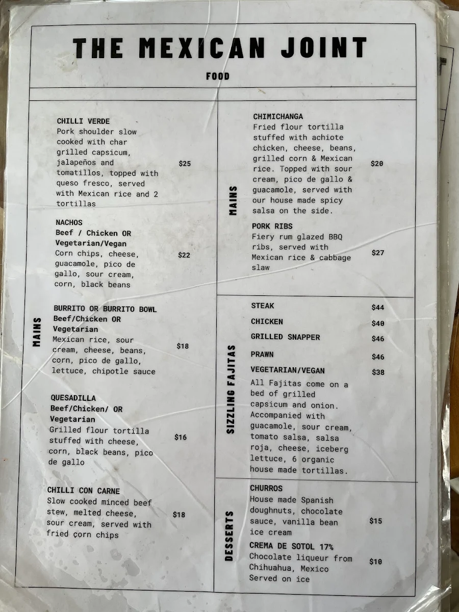 Menu, The Mexican Joint
