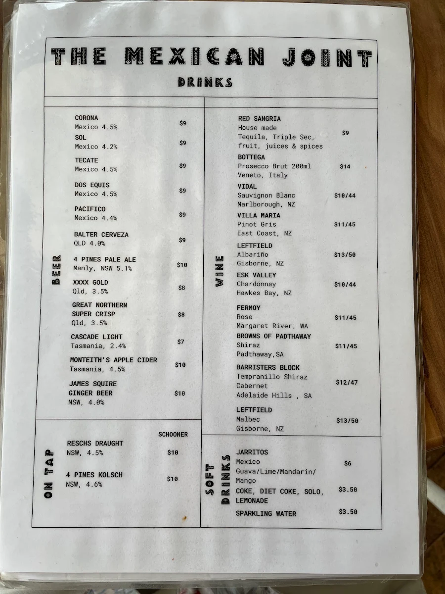 Menu, The Mexican Joint