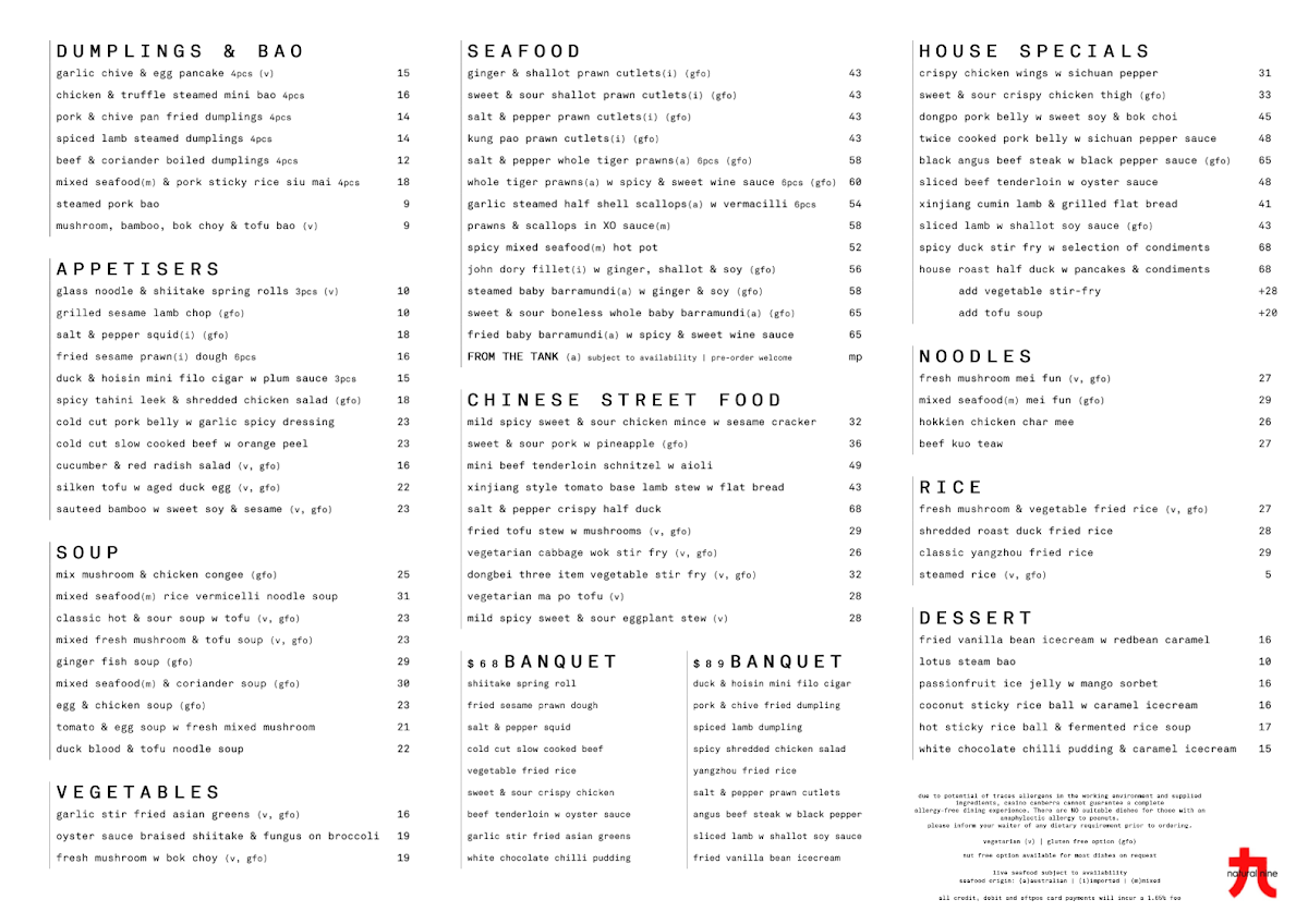 Menu, Natural Nine
