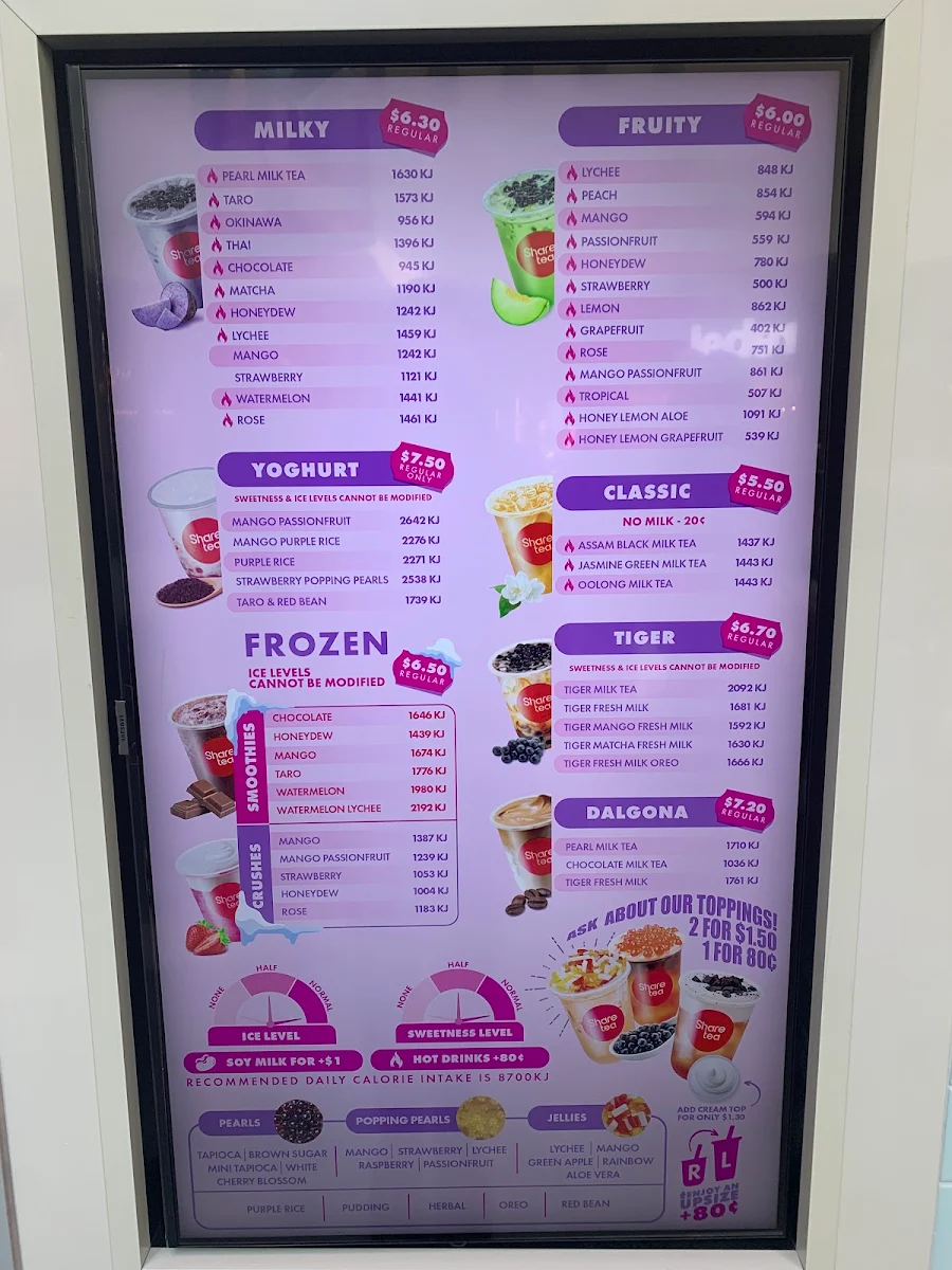 Menu, Sharetea Highpoint Shopping Centre