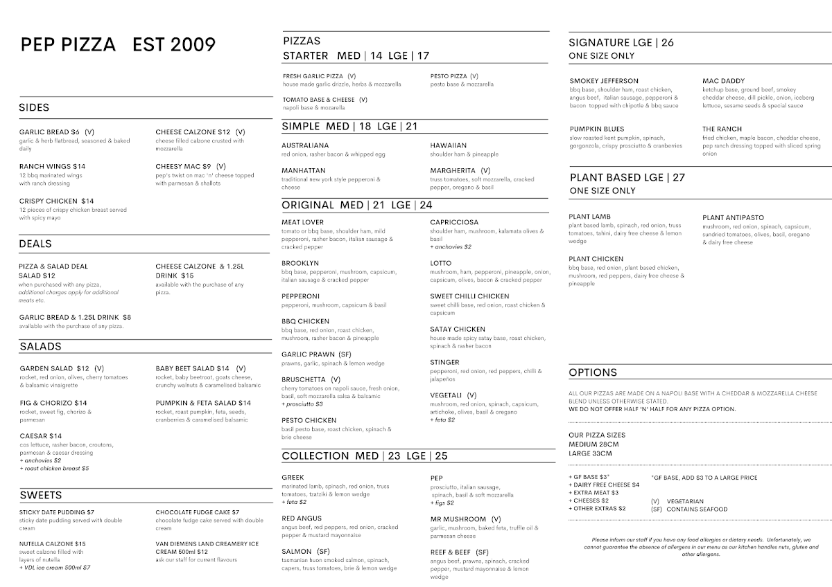 Menu, Pep Pizza Huonville