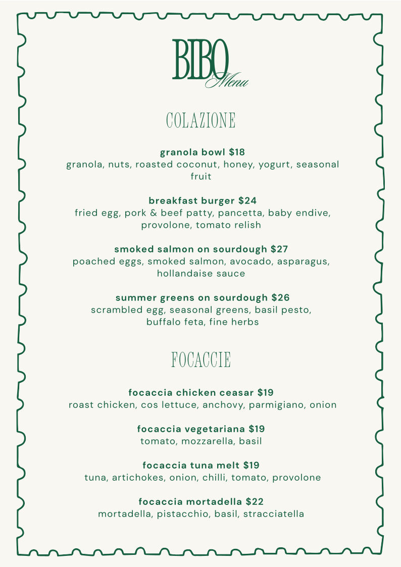 Menu, Bibo Bar and Eatery