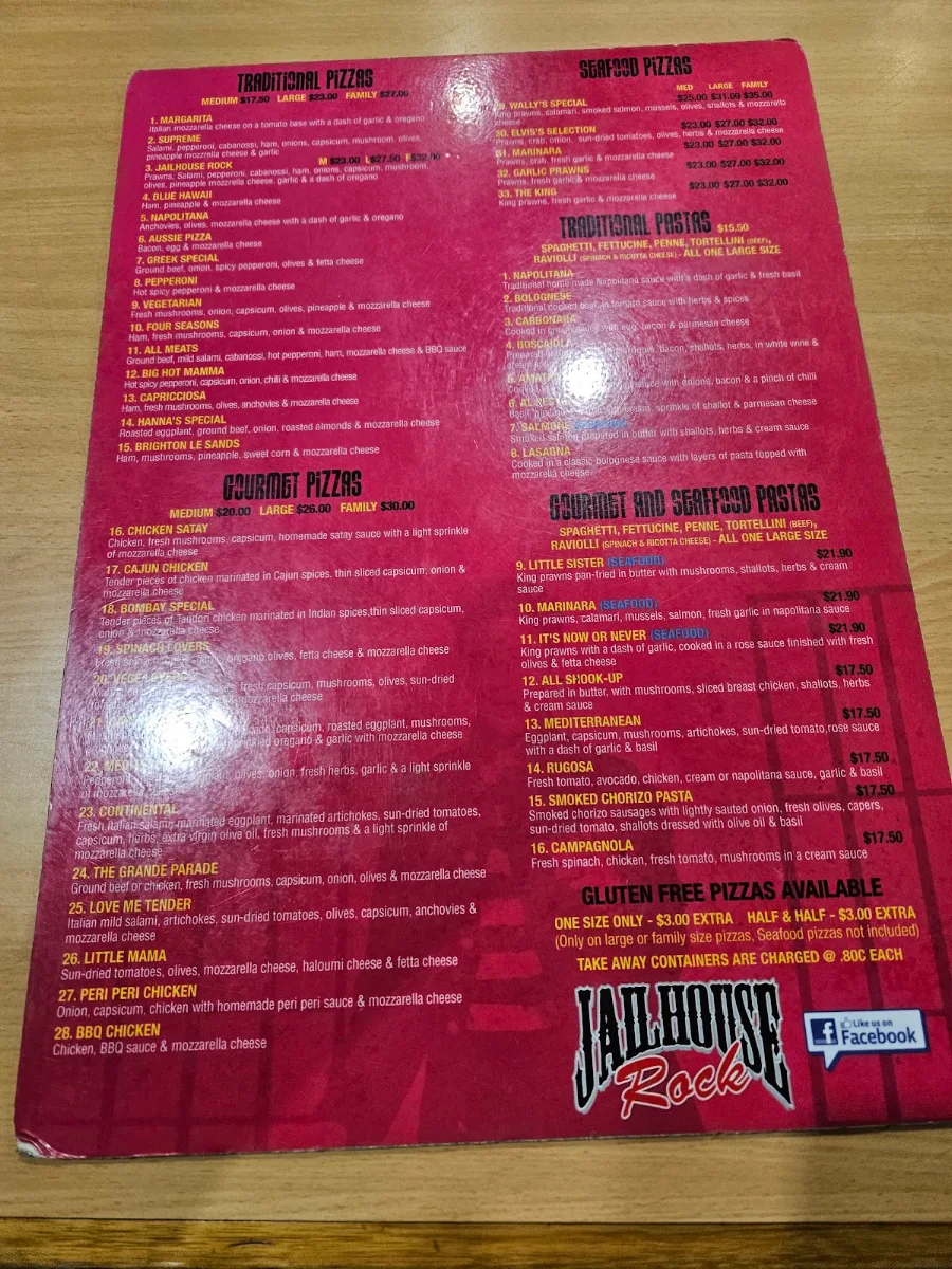 Menu, Jailhouse Rock Pizza