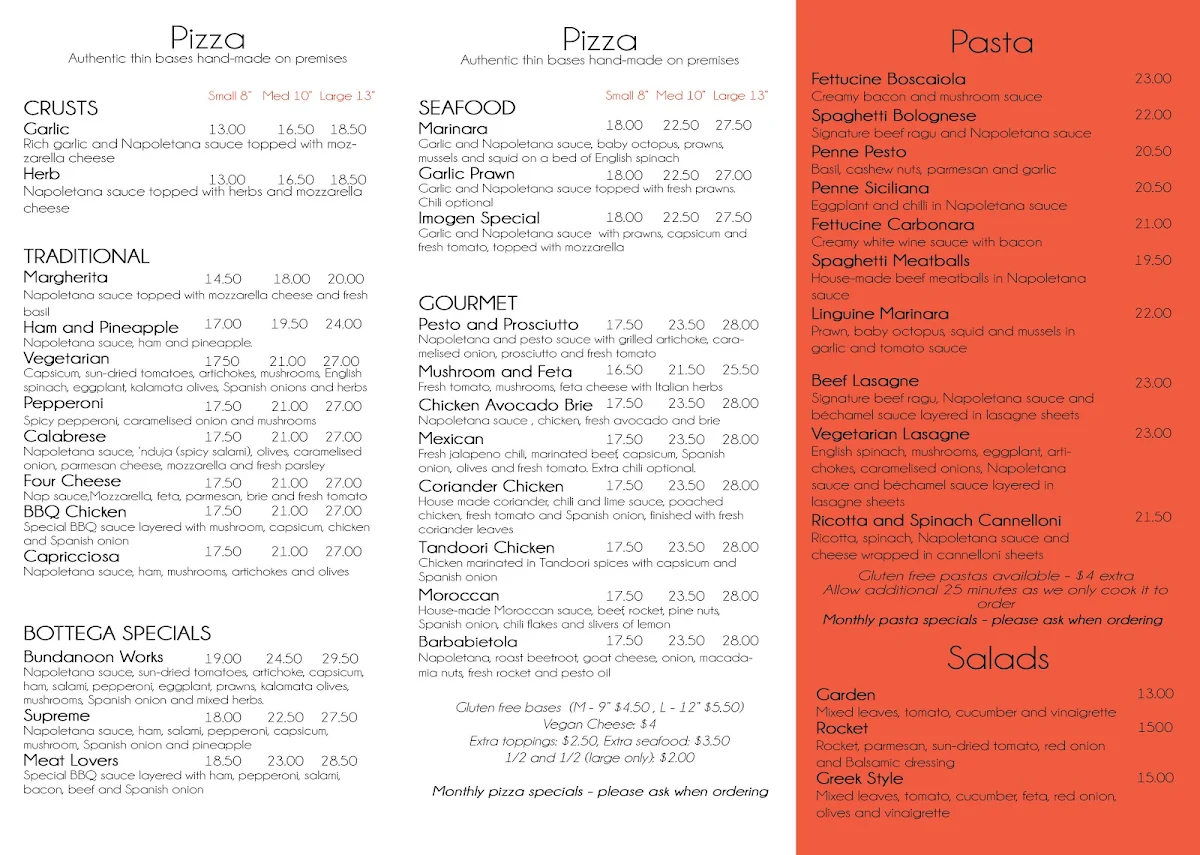 Menu, Bottega B Ristorante